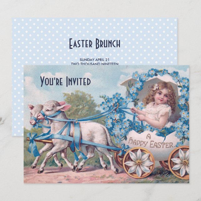 Vintage Easter Illustration with Girl and Lambs Invitation (Front/Back)