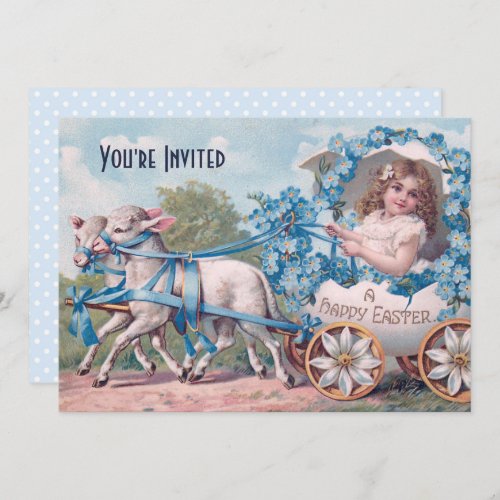 Vintage Easter Illustration with Girl and Lambs Invitation