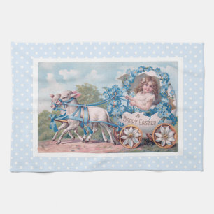 Vintage Easter Illustration with Girl and Lambs Kitchen Towel
