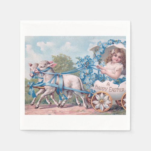 Vintage Easter Illustration with Girl and Lambs Napkins