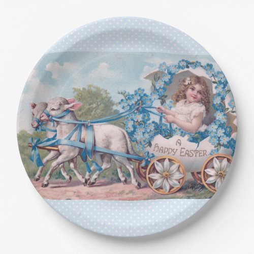 Vintage Easter Illustration with Girl and Lambs Paper Plates