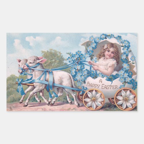 Vintage Easter Illustration with Girl and Lambs Rectangular Sticker