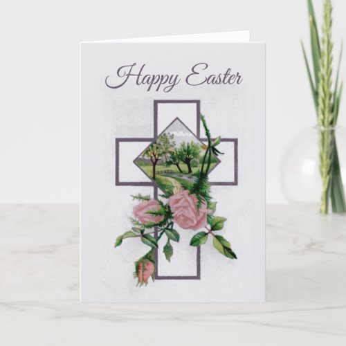 Vintage Easter Image Cross  Roses Happy Easter Holiday Card