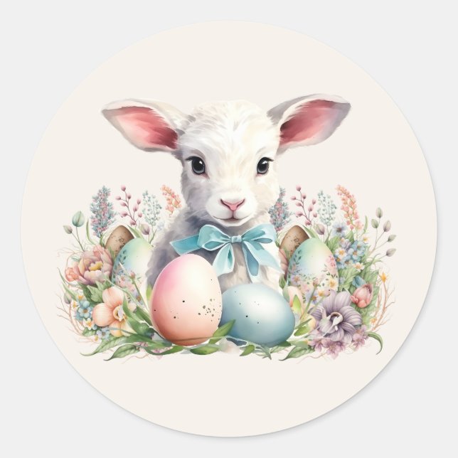Vintage Easter Lamb Pastel Eggs Classic Round Sticker (Front)