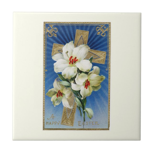 Vintage Easter Lilies and Gold Cross Ceramic Tile (Front)