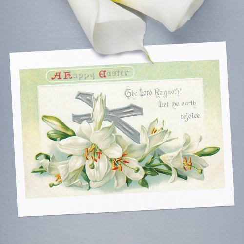 Vintage Easter Lilies Cross  Scripture Holiday Postcard