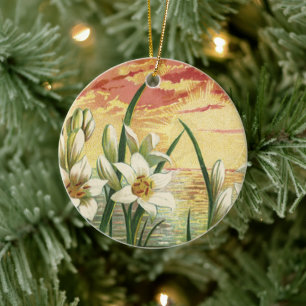 Vintage Easter Lilies Sunrise and Victorian Angels Ceramic Ornament