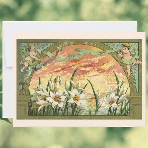 Vintage Easter Lilies Sunrise and Victorian Angels Holiday Card
