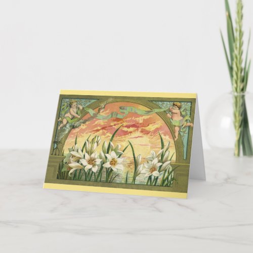 Vintage Easter Lilies Sunrise and Victorian Angels Holiday Card