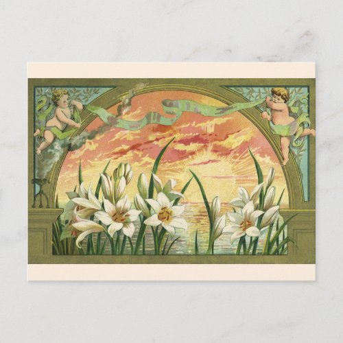 Vintage Easter Lilies Sunrise and Victorian Angels Holiday Postcard