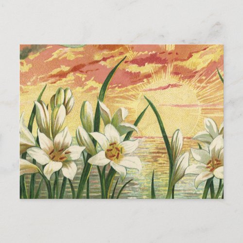 Vintage Easter Lilies Sunrise and Victorian Angels Holiday Postcard