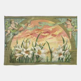 Vintage Easter Lilies Sunrise and Victorian Angels Kitchen Towel