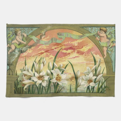 Vintage Easter Lilies Sunrise and Victorian Angels Kitchen Towel