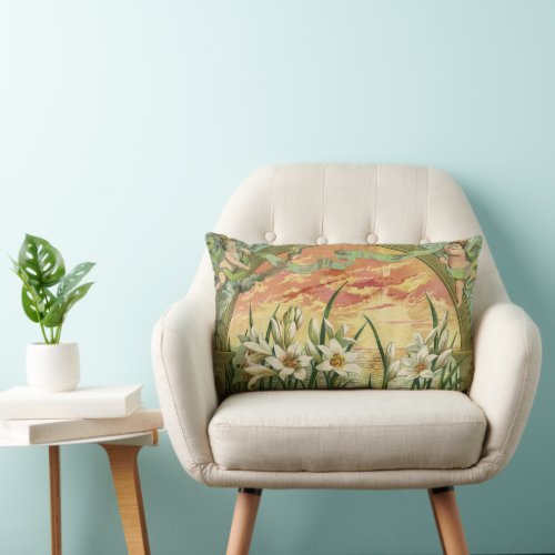 Vintage Easter Lilies Sunrise and Victorian Angels Lumbar Pillow