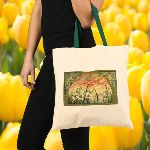 Vintage Easter Lilies Sunrise and Victorian Angels Tote Bag