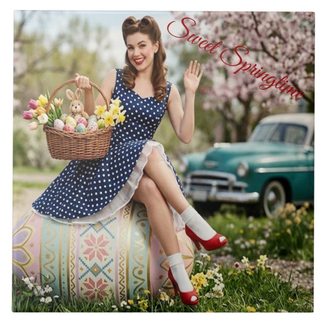 Vintage Easter Pin-Up Tile | Sweet Spring Art (Front)