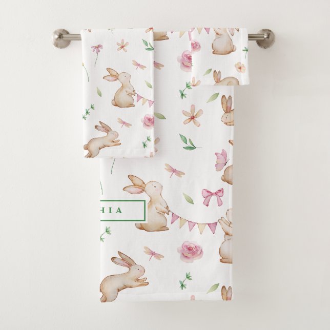 Vintage Easter Pink Rabbit Pattern Bath Towel Set (Insitu)
