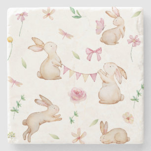 Vintage Easter Pink Rabbit Pattern Stone Coaster