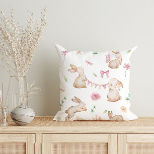 Vintage Easter Pink Rabbit Pattern Throw Pillow