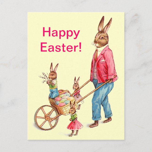 Vintage Easter Rabbit and Family in Egg Cart, ZSSG Holiday Postcard (Front)