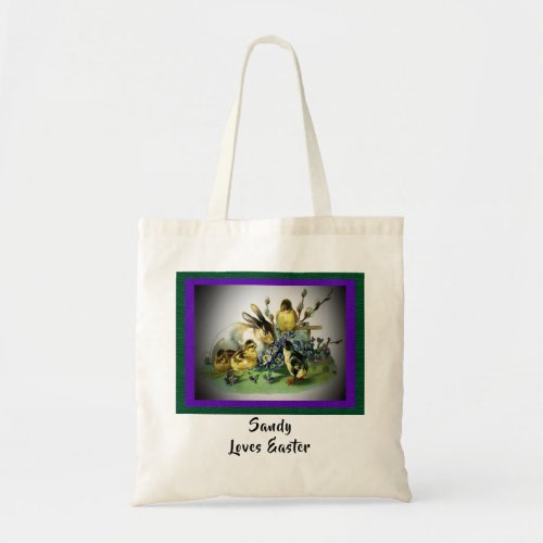 Vintage Easter Rabbit Baby Chicks Floral Name Text Tote Bag