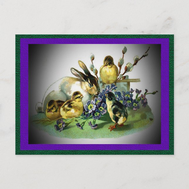 Vintage Easter Rabbit, Baby Chicks & Flowers, ZSSG Holiday Postcard (Front)