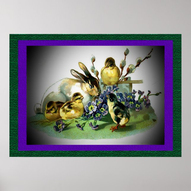 Vintage Easter Rabbit, Baby Chicks & Flowers, ZSSG Poster (Front)