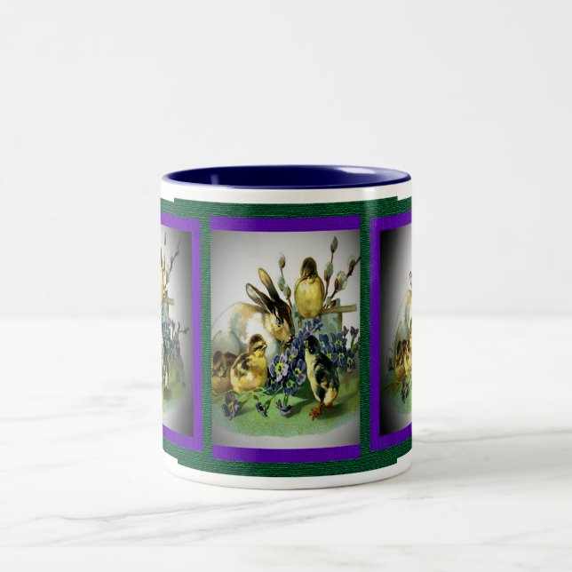 Vintage Easter Rabbit, Baby Chicks & Flowers, ZSSG Two-Tone Coffee Mug (Center)
