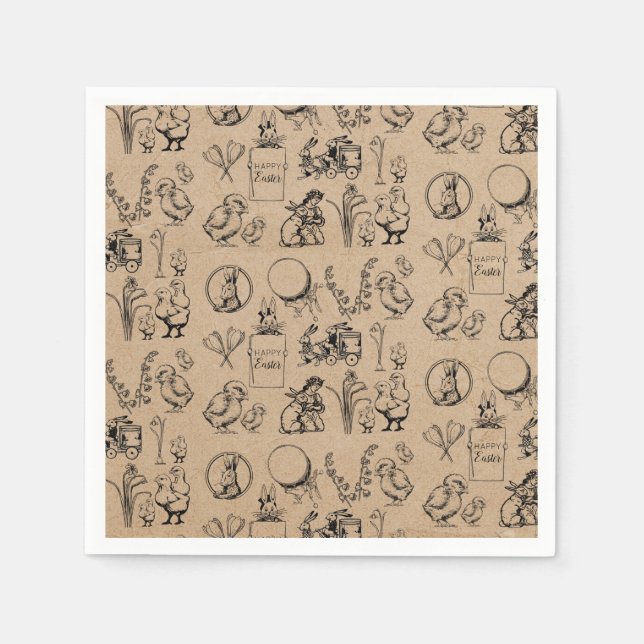 Vintage Easter Rabbit & Chick Kraft Brown Napkins (Front)