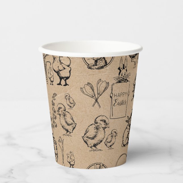 Vintage Easter Rabbit & Chick Kraft Brown Paper Cups (Front)