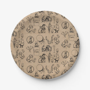 Vintage Easter Rabbit & Chick Kraft Brown Paper Plates