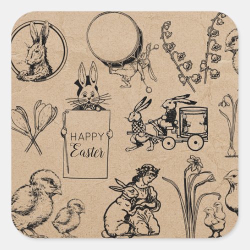 Vintage Easter Rabbit  Chick Kraft Brown Square Sticker