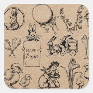 Vintage Easter Rabbit & Chick Kraft Brown Square Sticker