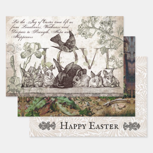 VINTAGE EASTER RABBIT DECOUPAGE WRAPPING PAPER SHEETS (Set)