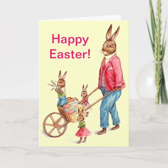 Vintage Easter Rabbit Family Egg Cart Inside Quote Holiday Card (Front)