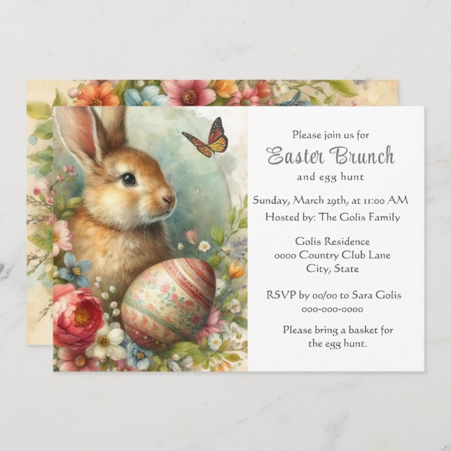 Vintage Easter Rabbit Holiday Brunch  Invitation (Front/Back)