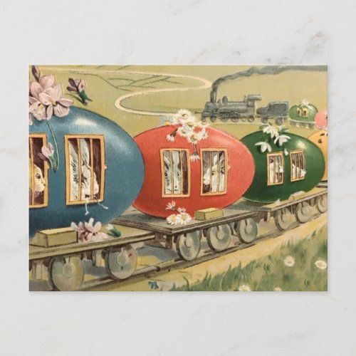 Vintage Easter Rabbit on Eggs Train Travel Postcard