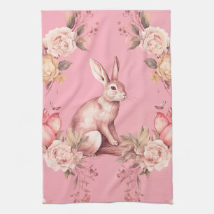 vintage easter rabbit pink floral kitchen towel