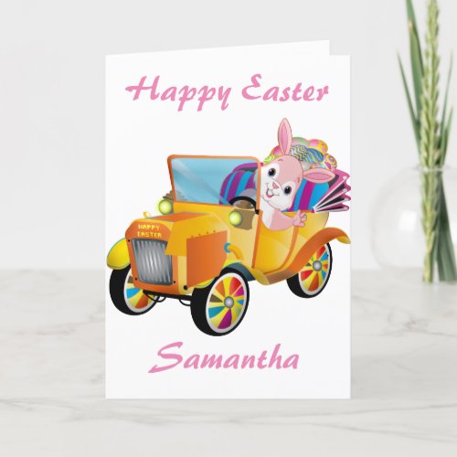 Vintage Easter Rabbit Riding Car With Eggs Holiday Card