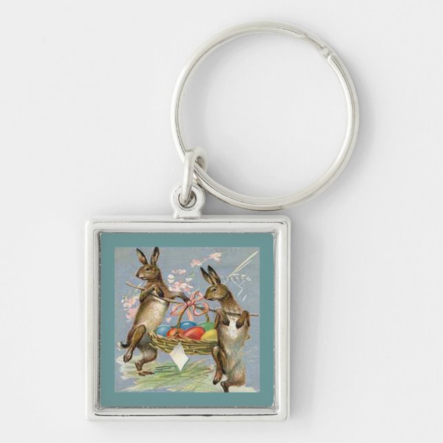 Vintage Easter Rabbits Carry Eggs in Basket, ZSSG Keychain (Front)