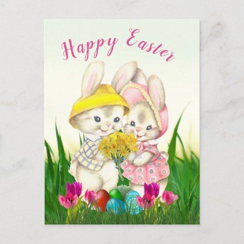 Vintage Easter Rabbits in Flower Garden Holiday Postcard