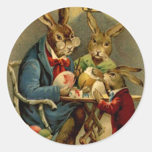 vintage Easter rabbits painting eggs Classic Round Sticker