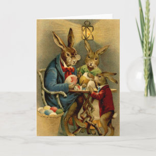 vintage Easter rabbits painting eggs Holiday Card