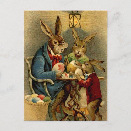 vintage Easter rabbits painting eggs Holiday Postcard