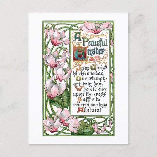 Vintage Easter Religious Hymn and Cyclamen Holiday Postcard