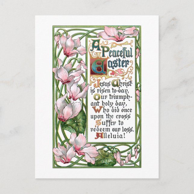 Vintage Easter Religious Hymn and Cyclamen Holiday Postcard (Front)