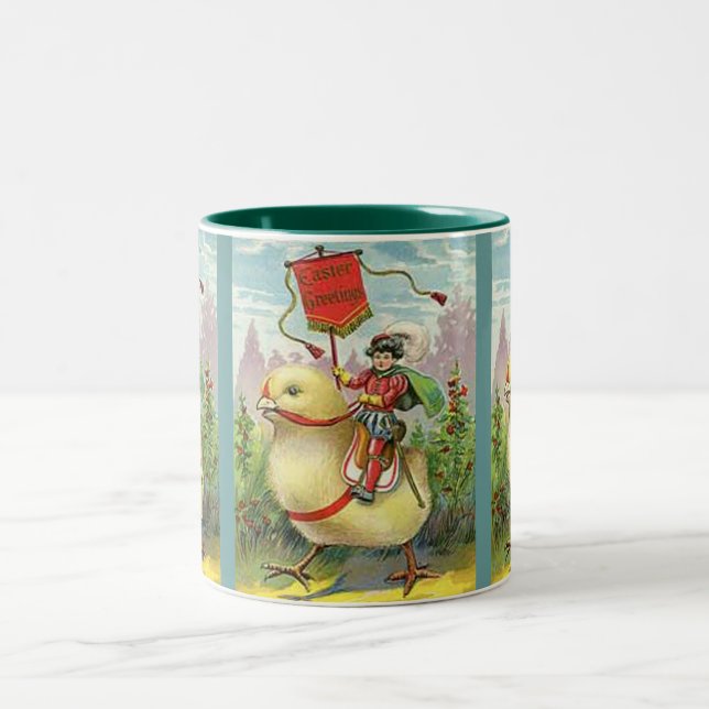 Vintage Easter Riding a Giant Baby Chick, ZSSG Two-Tone Coffee Mug (Center)