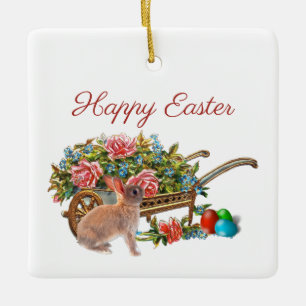 Vintage Easter Roses in Wheelbarrow with Rabbit Ceramic Ornament