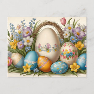 Vintage Easter Spring Flowers and Painted Eggs Holiday Postcard