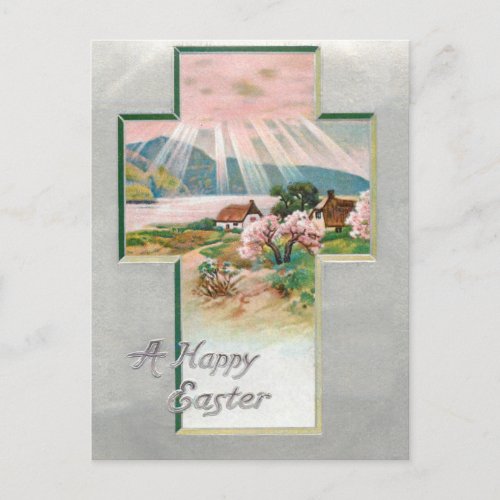 Vintage Easter Spring Landscape Inset in Cross  Holiday Postcard